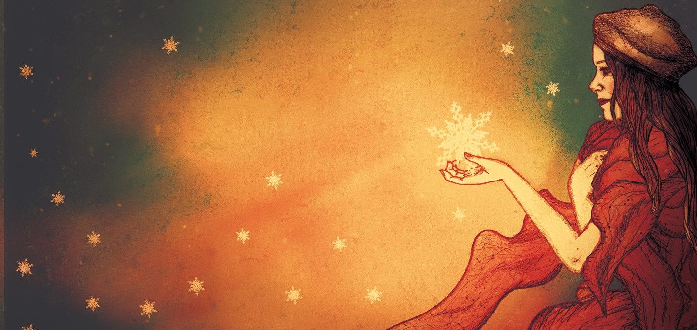 Illustration des Contes de Noël : une silhouette rouge tendant la main vers une pluie d'étoiles