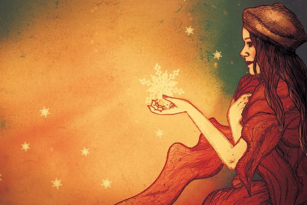 La conteuse tend la main vers un flocon de neige, illustration des Contes de Noël