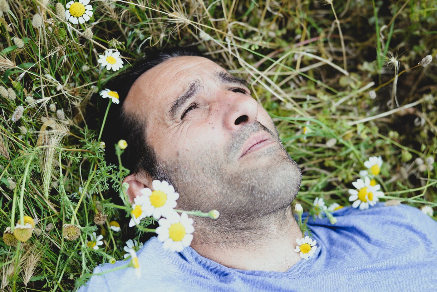 Grégory Nardella allongé dans l'herbe parmi les marguerites, dans Rhapsodes / Thésée
